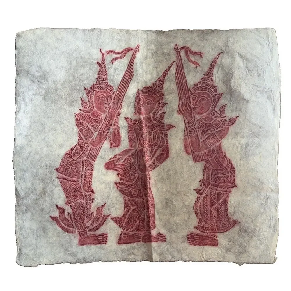 Vintage Thai Temple Rubbing Figural Dancers Print on Handmade Mulberry Paper